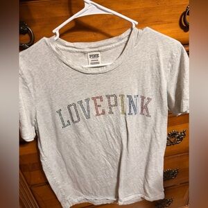 PINK Victoria's Secret Gray Tee with Multicolor rhinestone Lettering